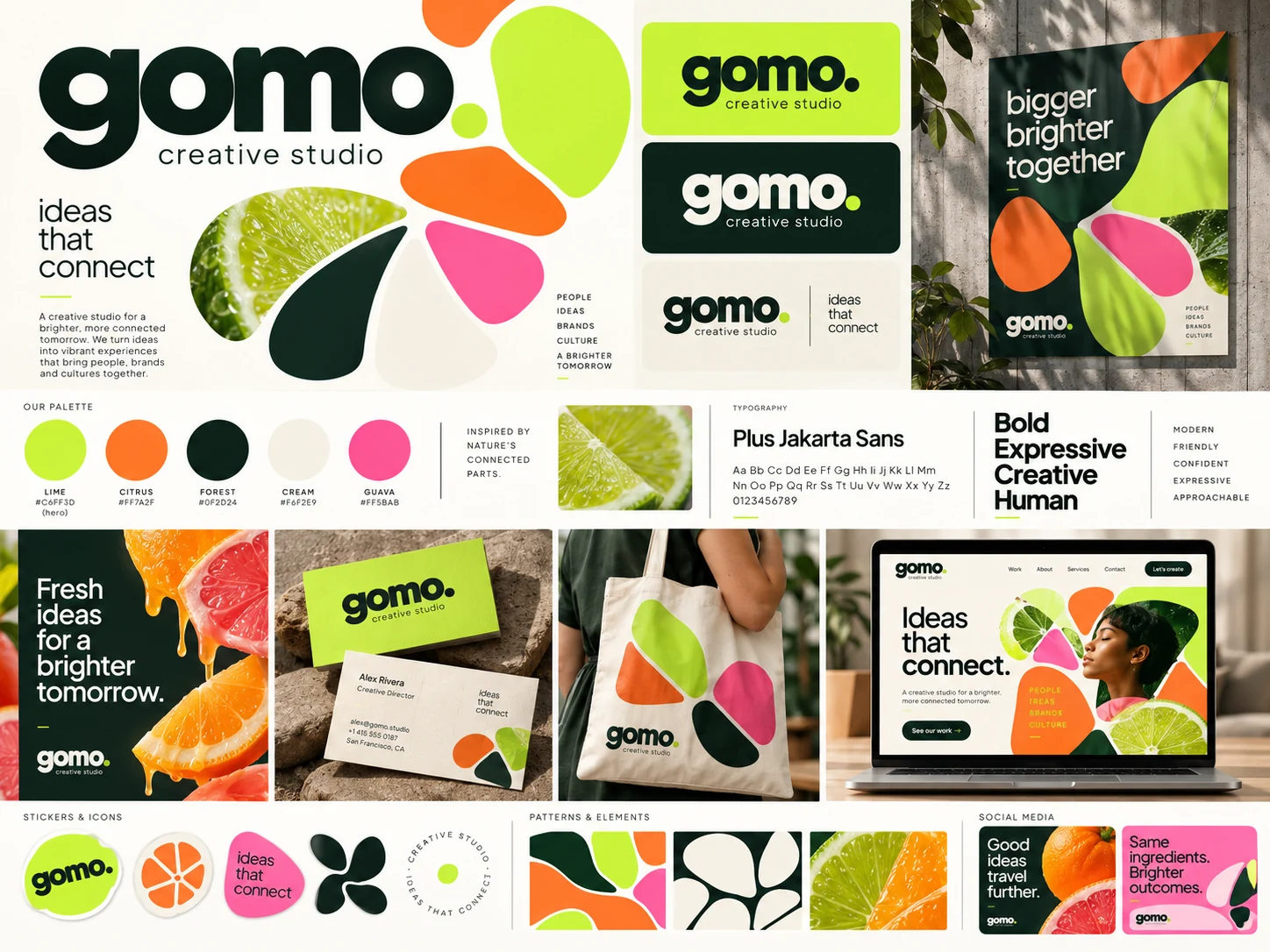Painel conceitual da identidade visual gomo. com paleta cítrica, tipografia e aplicações